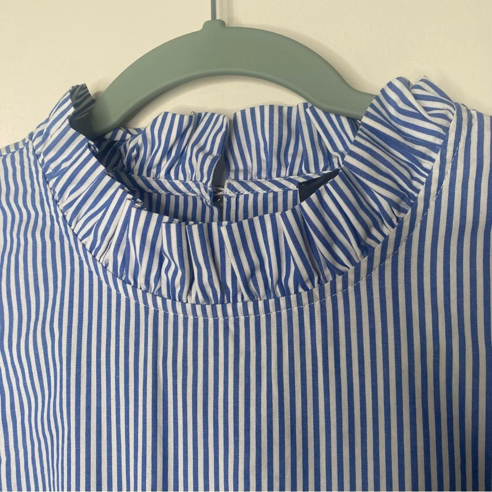 J. Crew Ruffle Neck Stripe Top in Blue and White Organic Cotton XS